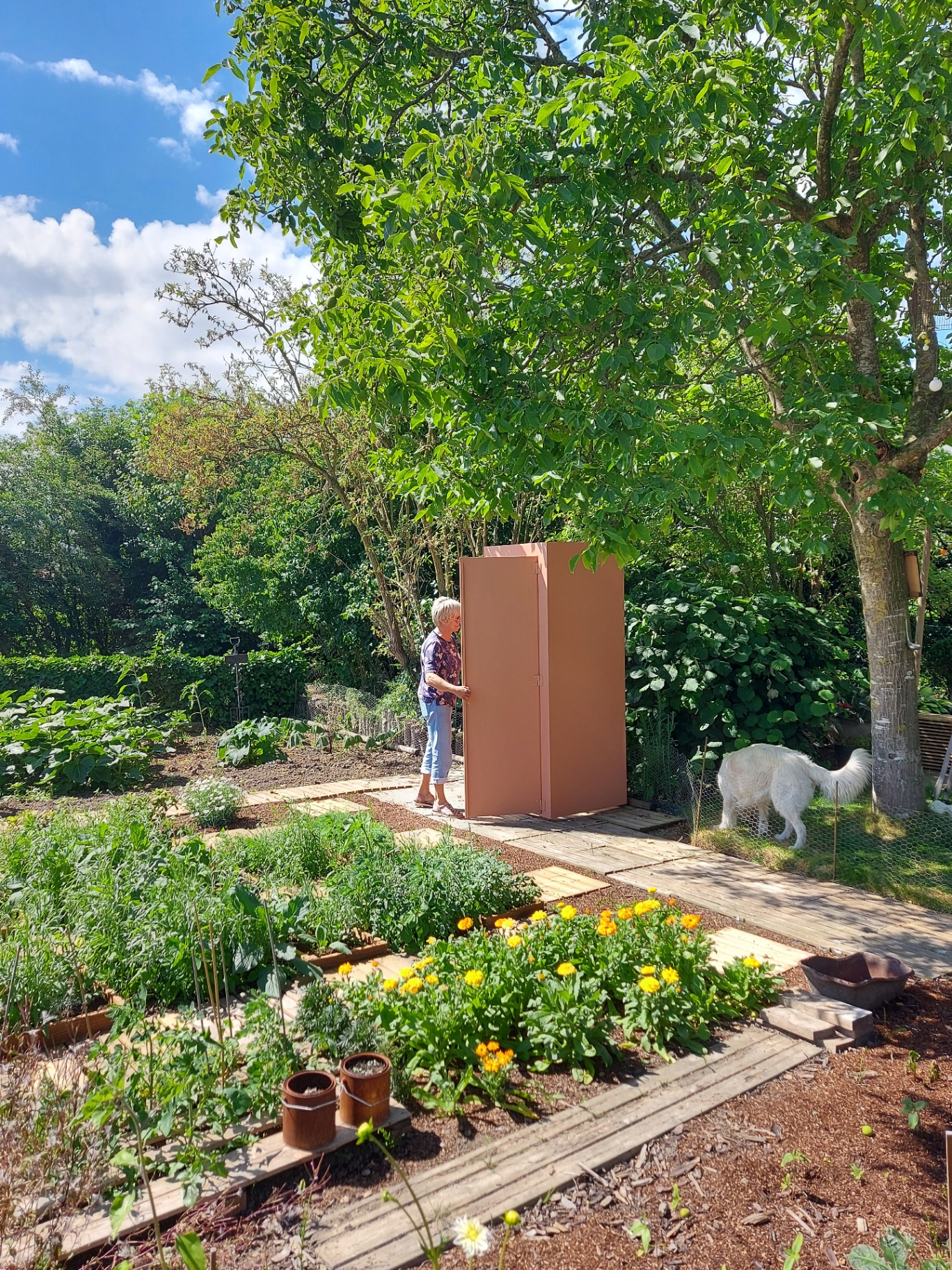 Tuinierster naast de op maat gemaakte gereedschapskast in de moestuin